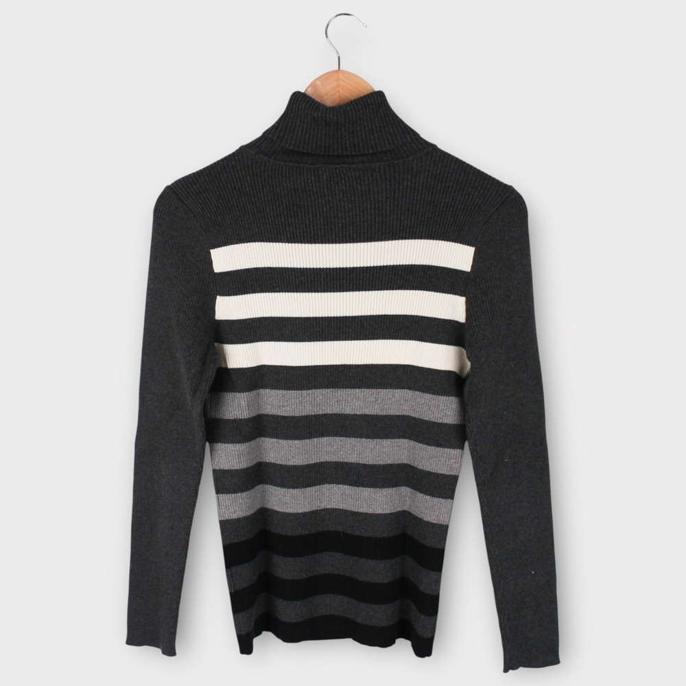 Lauren Ralph Lauren Ribbed Turtleneck Sweater Black Gray Striped Size Large - Picture 5 of 5